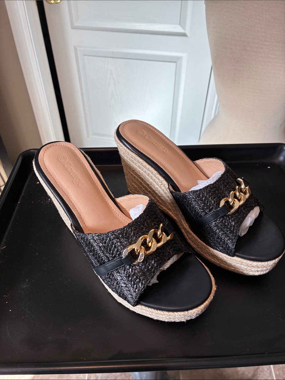 Cougar Black Woven Espadrille Wedge Slide with Gold Chain.. brand new worn